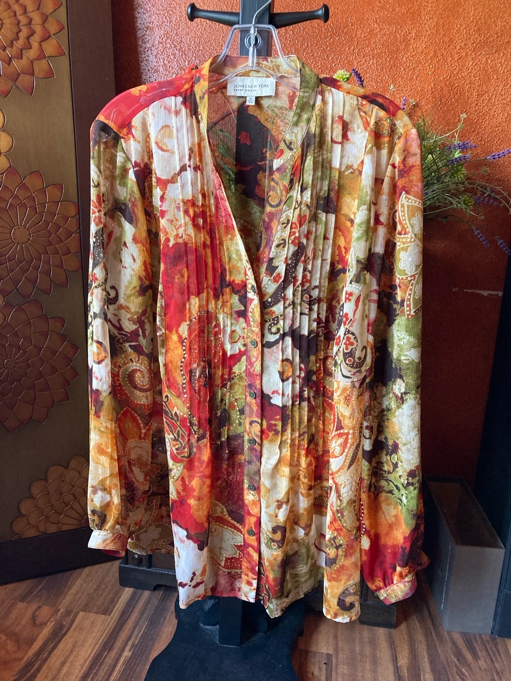 Jones New York Size 1X long sleeve sheer floral button front blouse